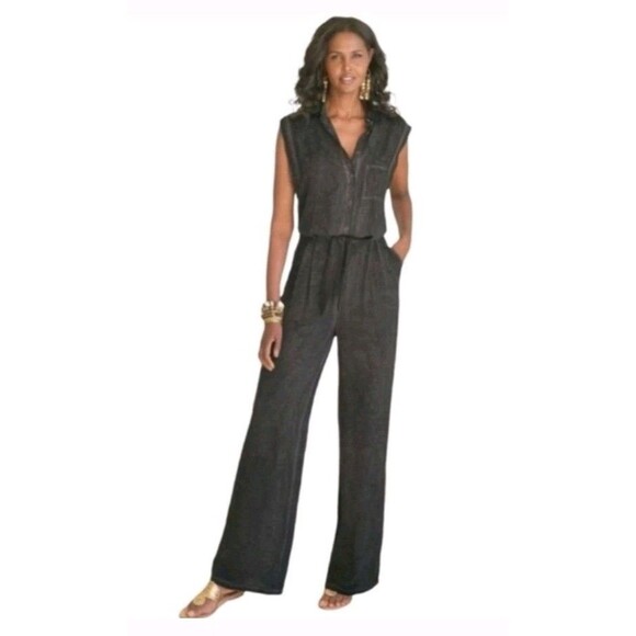 Soft Surroundings Pants - Soft Surroundings Camilla Jumpsuit Gray Wide Leg Boho Lagenlook Coastal Size S